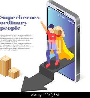 Persone comuni come supereroi composizione isometrica con corriere uomo servizio illustrazione vettoriale del pacchetto che esce dallo smartphone Illustrazione Vettoriale