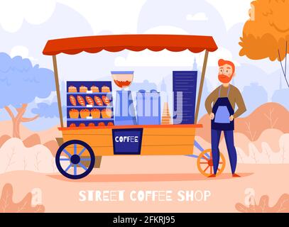 Composizione di caffè di venditori con paesaggio esterno dell'autunno e unità mobile con macchina da caffè e illustrazione vettoriale dei caratteri del barista Illustrazione Vettoriale