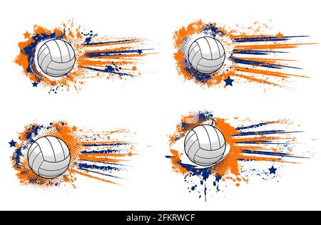 Striscioni palla di pallavolo, tornei sportivi e sfondi vettoriali da campionato halftone. Palla di pallavolo volare e colpire obiettivo con stelle, club e t Illustrazione Vettoriale