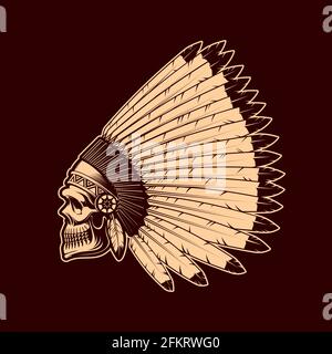 Schizzo vettoriale del cranio indiano con l'indirizzo di erica del capo della piuma degli Indiani d'America. Testa scheletrica umana disegnata a mano di apache o guerriero della tribù cherokee che indossa wa Illustrazione Vettoriale