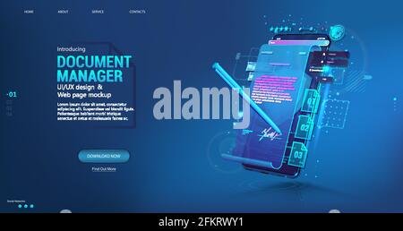 Document Manager - App per telefono cellulare per le aziende. Firma di un contratto o di un contratto online. Concetto di firma digitale utilizzando una penna su un telefono o un tablet Illustrazione Vettoriale