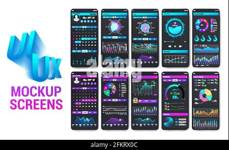 App per smartphone luminose e colorate con un'interfaccia utente ben progettata. Mockup di app per telefoni cellulari per lo sport, fitness, banca e pagamento. Infografica moderna Illustrazione Vettoriale