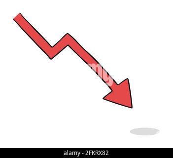 Immagine vettoriale cartoon della freccia che cade verso il basso. Contorni colorati e neri. Illustrazione Vettoriale