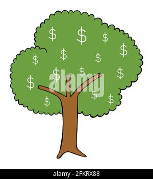 Cartoon vettore illustrazione di albero con dollaro. Contorni colorati e neri. Illustrazione Vettoriale
