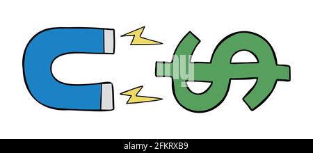 Cartoon vettore illustrazione di magnete che attrae denaro in dollari. Contorni colorati e neri. Illustrazione Vettoriale