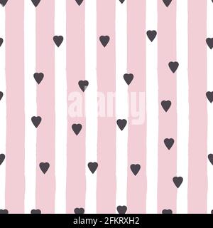 Romantico disegno senza giunture illustrazione vettoriale in design piatto piccolo nero confetti a forma di cuore su fondo rosa e bianco a righe Illustrazione Vettoriale