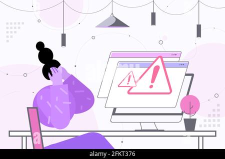 la donna frustrata che reagisce al pericolo esclamativo segna un problema attacco informatico avviso di truffa del segnale di avvertimento di hacking Illustrazione Vettoriale