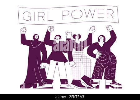 Concetto di potenza e femminismo della ragazza. Donne di diverse nazionalità e culture che si levano in piedi insieme su bianco in un design minimalista di contorni moderni. Ar. Piatta Illustrazione Vettoriale