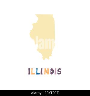 Illinois mappa isolata. Collezione USA. Mappa dell'Illinois - silhouette gialla. Scritta doodling su bianco Illustrazione Vettoriale