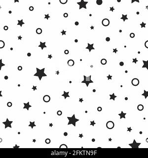 Motivo carino senza cuciture con piccole stelle, punti e cerchi arrotondati sullo sfondo bianco. Illustrazione vettoriale. Fuochi d'artificio magici. Bright Stardust dietro Illustrazione Vettoriale