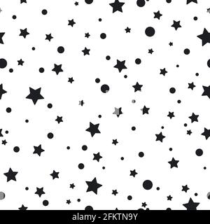 Motivo carino senza cuciture con piccole stelle, punti e cerchi arrotondati sullo sfondo bianco. Illustrazione vettoriale. Fuochi d'artificio magici. Bright Stardust dietro Illustrazione Vettoriale