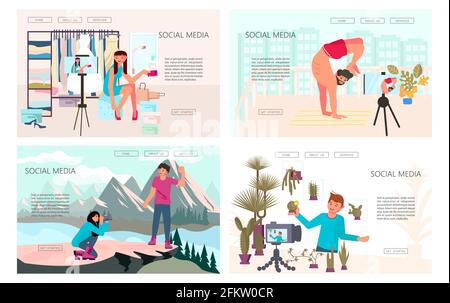 Set di modello di pagina Web di destinazione di vlogging. Blogger uomini e donne che sparano contenuti video per la trasmissione in diretta di social media networking. Freela Illustrazione Vettoriale