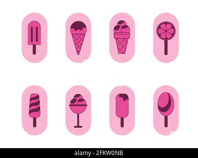 Set di icone, silhouette rosa di diverse varietà di gelati. Gelato su un bastone, popsicle al cioccolato alla vaniglia, sorbetto alla tazza di waffle, gelato al bal Illustrazione Vettoriale