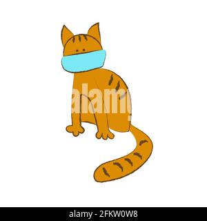 Divertente gatto rosso in una maschera medica protettiva. Il concetto di misure preventive per la tutela della salute. Illustrazione vettoriale in stile piatto. Stilizzazione di c Illustrazione Vettoriale