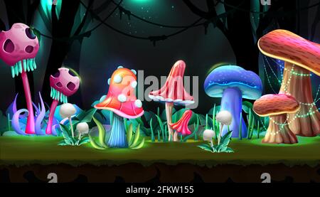 foresta magica stile cartoon con funghi in incandescente la notte. Illustrazione Vettoriale
