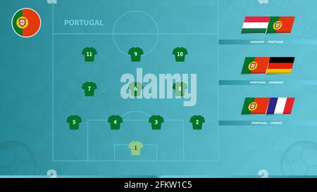 Squadra di calcio portoghese con sistema di formazione preferito e icona per 3 partite di gruppo della competizione calcistica europea. Sfondo di calcio. Illustrazione Vettoriale