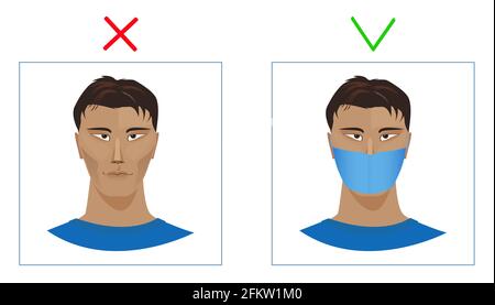 Un uomo in una maschera protettiva e senza di essa. Indossare una maschera medica. Fermare virus e malattie. Illustrazione vettoriale in stile piatto, informazioni mediche Illustrazione Vettoriale
