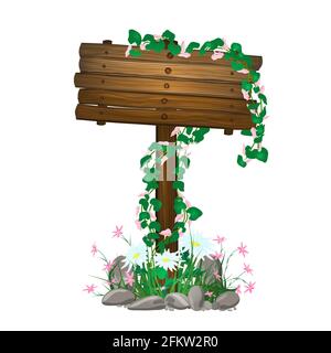 cartello in legno, paletto, cartello, in erba e pietre, coperto di edera, versione estiva. Illustrazione vettoriale in stile cartoon. Isolato su un whi Illustrazione Vettoriale