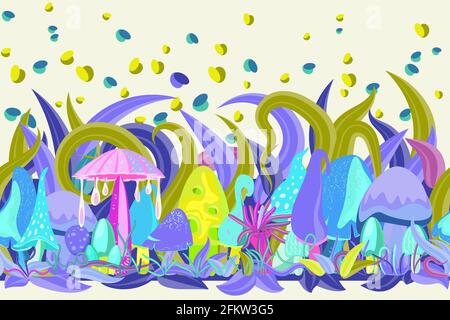 Bordo senza cuciture con fantastici funghi fata in erba. Motivo decorativo orizzontale disegnato a mano in stile piano cartoon. Illustrazione vettoriale per f Illustrazione Vettoriale