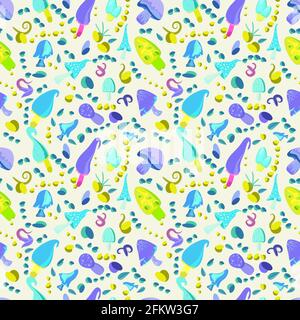 modello senza cuciture con funghi fantastici nello stile di doodle, cartone animato. Illustrazione vettoriale per decorare tessuti, sfondi o wrappin per bambini Illustrazione Vettoriale