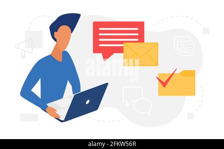 Messaggio e-mail, notifica della lettera e-mail con l'uomo che legge gli sms in arrivo online Illustrazione Vettoriale