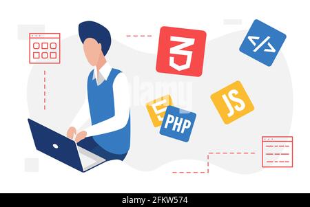 Persone sviluppatori creare codice, programmazione linguaggio web con icone, programmatore di lavoro Illustrazione Vettoriale