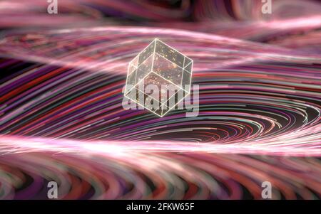 Cubo di vetro magico, motivo fantasy wave, rendering 3d. Disegno digitale per computer. Foto Stock