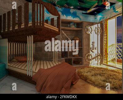 Camera da letto per bambini con rendering 3D a tema navale. Interno a tema per i bambini. Foto Stock