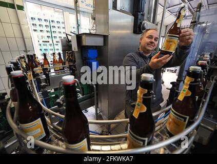 04 maggio 2021, Brandeburgo, Potsdam: Thomas Köhler, produttore di birra e uno dei due proprietari della fabbrica di birra nel Forsthaus Templin di Potsdam, controlla la qualità del Potsdamer Stange durante l'imbottigliamento. Secondo le sue informazioni, il pub escursionistico del lago Templin è l'unico produttore di birra biologica (Pils e Dunkel) a Berlino e nel Brandeburgo. A causa del blocco Corona, il Forsthaus è chiuso dal 01.11.2020, l'unico acquirente della birra è il commercio. Per il giorno dell'Ascensione, è previsto di mettere un carrello di birra di fronte alla birreria all'aperto oltre a una griglia e di vendere 'fuori casa', per così dire. Foto Stock