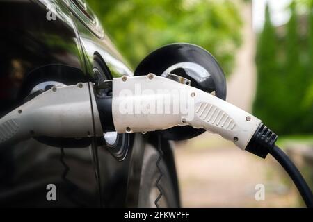 La spina del caricabatterie in auto elettrica in ambiente verde dello sfondo. Nuova energia per il veicolo, NEV viene caricato con energia elettrica. Ecologia, giorno moderno vetture Foto Stock
