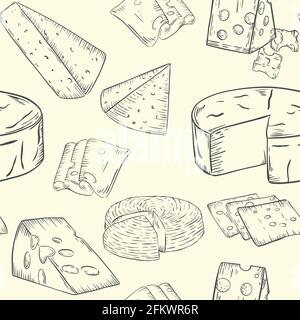 Modello di formaggio, schizzo. Vari tipi di formaggio, vettore. Sfondo continuo con prodotti caseari. Pezzi, teste e fette di formaggio. Disegno a mano. Illustrazione Vettoriale