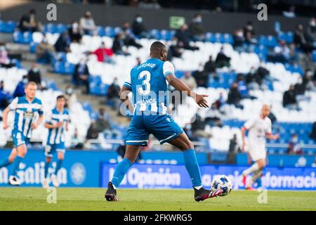 La Coruña, SPAGNA: Giocatore di RC Deportivo de la Coruña, Mujaid (3) con la palla durante il giorno 5 del Gruppo ID della seconda Divisione B tra RC Deportivo de la Coruña e UP de Langreo allo stadio Riazor di la Coruña, Spagna, il 02 maggio 2021. (Foto di Alberto Brevers/Pacific Press/Sipa USA) Credit: Sipa USA/Alamy Live News Foto Stock