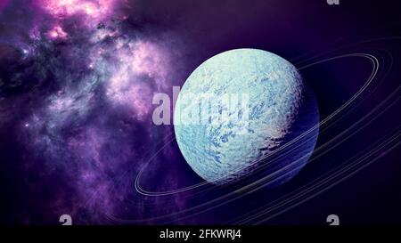 Pianeti ed esopianeti di galassie inesplorate. Sci-Fi. Nuovi mondi da scoprire. Colonizzazione ed esplorazione di nebulose e galassie. Pianeta e anelli Foto Stock