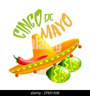 Cappello tipico messicano con peperoncino rosso su di esso e maracas verdi. Illustrazione vettoriale al 5 maggio Cinco de Mayo vacanza isolato su a. Illustrazione Vettoriale