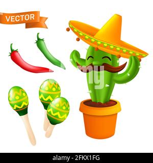 Vettore insieme di elementi e icone al 5 maggio Cinco de Mayo vacanza - messicano cactus con baffi in un cappello sombrero, peperoncino rosso e verde, m Illustrazione Vettoriale