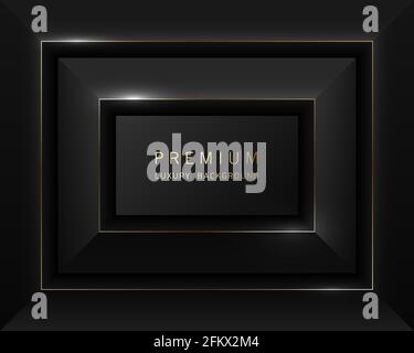 Vector nero astratto cornice rettangolare lusso. Design scuro con etichetta di alta qualità e sfondo sfaccettato. Cornice Golden Line. Bordo stratificato tecnologico. Illustrazione Vettoriale