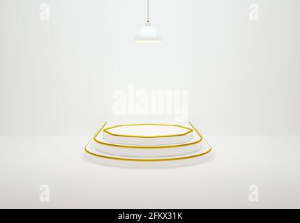Rendering 3D di un lussuoso podio bianco e oro per una vetrina di prodotti. Piedistallo realistico, piattaforma vuota per annunci, background e presentazioni Foto Stock