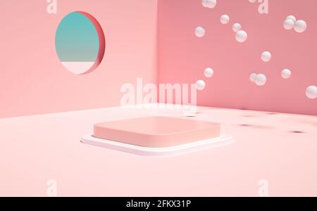 Podio rosa quadrato in una scena minimalista all'aperto per una presentazione del prodotto in 3D rendering. Piedistallo realistico, piattaforma vuota per annunci, sfondo A. Foto Stock