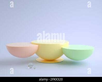 Tre podi colorati dell'emisfero su uno sfondo neutro nel rendering 3D. Piedistallo realistico, piattaforme vuote per annunci, esposizione e presentazione dei prodotti Foto Stock
