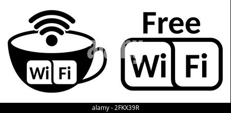 Accesso wi-fi a internet gratuito con caffè o tè, simbolo per il ristorante e il caffè. Illustrazione vettoriale monocromatica nera. Illustrazione Vettoriale