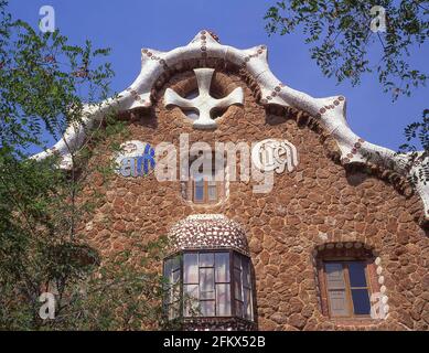 Ingresso Parco, Parco Guell, quartiere Gràcia, Barcellona, Provincia di Barcellona, Catalogna, Spagna Foto Stock