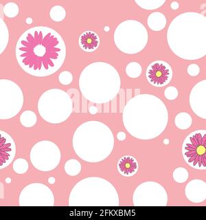 Vettore pesca rosa sfondo rosa daisy fiori rosa e fiori selvatici. Sfondo con ripetizione senza giunture Illustrazione Vettoriale