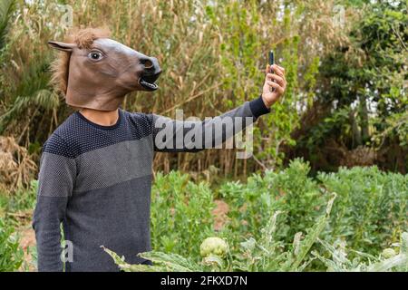 Uomo con maschera testa a cavallo prendendo un selfie su smartphone all'aperto in giardino di verdure. Umorismo e fantasia maschile utilizzando cellulare, tecnologia stile di vita.. Foto Stock