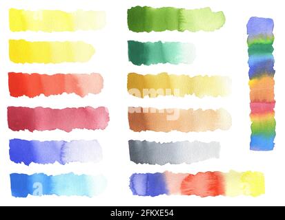 Tavolozza dei colori. Un insieme di forme astratte disegnate con vernici ad acquerello a mano isolate su uno sfondo bianco. Foto Stock