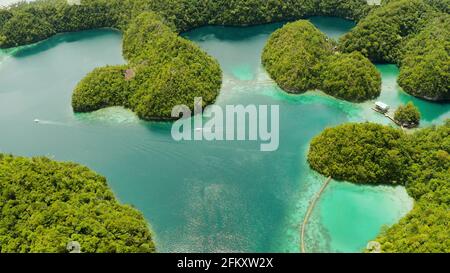 Splendida laguna tropicale con acqua blu nella baia circondata da isole con foresta. Laguna di Sugba, Siargao, Filippine. Concetto di vacanza estiva e di viaggio. Foto Stock