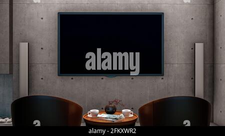 Mockup Smart tv nel soggiorno sulla parete in cemento, rendering 3d Foto Stock
