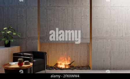 Loft interno soggiorno appartamento con camino e vuoto muro di cemento vuoto, 3D rendering Foto Stock
