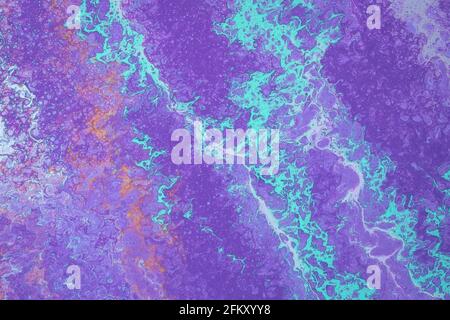Inchiostro viola, pittura colorata, elemento di design, vernice turchese gocciolante, arte moderna fluido effetto marmorizzato liquido, sfondo dipinto. Creativo Foto Stock