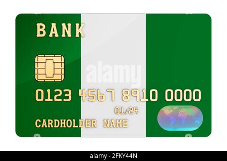 Carta di credito con bandiera nigeriana. Sistema bancario nazionale in Nigeria Concept. Rendering 3D isolato su sfondo bianco Foto Stock