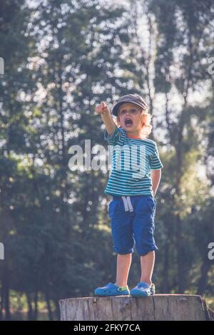 Young Boy si trovava su un tronco d'albero facendo espressioni diverse Foto Stock